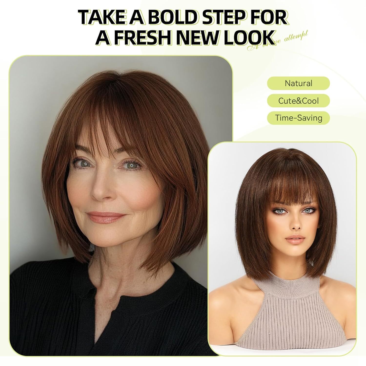 Dark Brown 100% Human Hair Wigs with Bangs Bob Brown Human Hair Wig None Lace