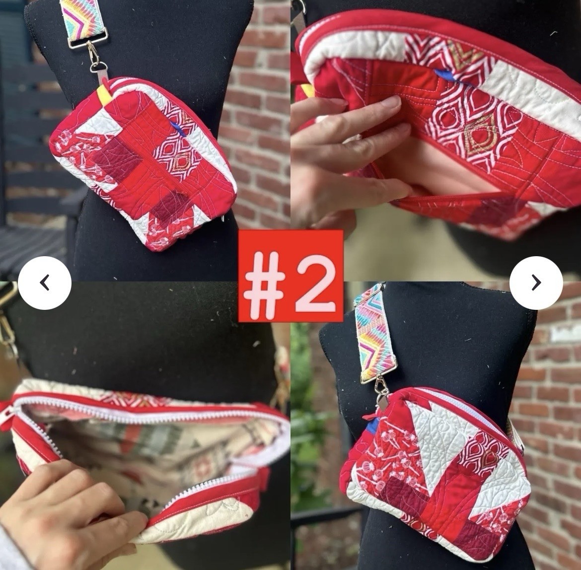 Custom Red & White Fabric Zipper Crossbody purse made from vintage quilts