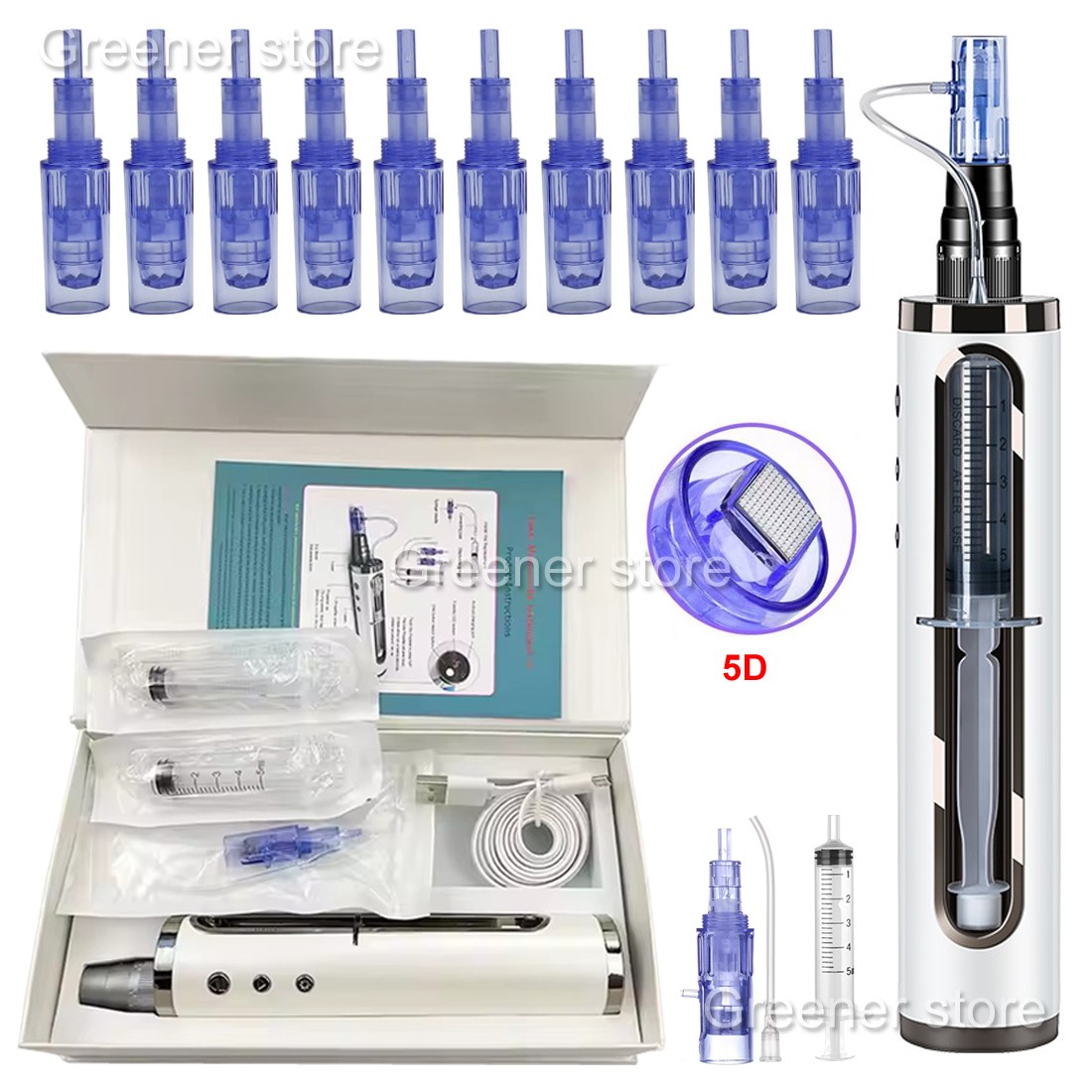 Micro Pen Mesotherapy & 10Pcs 5D Replacement Needle Cartridges Tips Face Care US