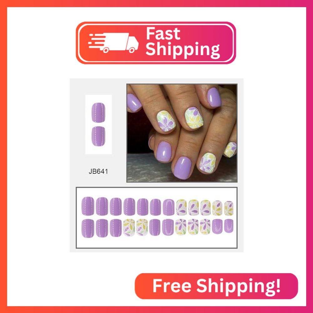 Purple Press on Nails Short Square Fake Nails with Flower Design Floral Glue on