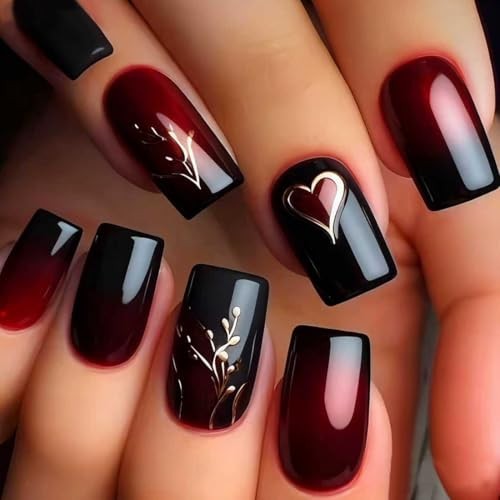 Short Square Press on Nails Wine Red Gradient Fake Nails Black False Nail Q9