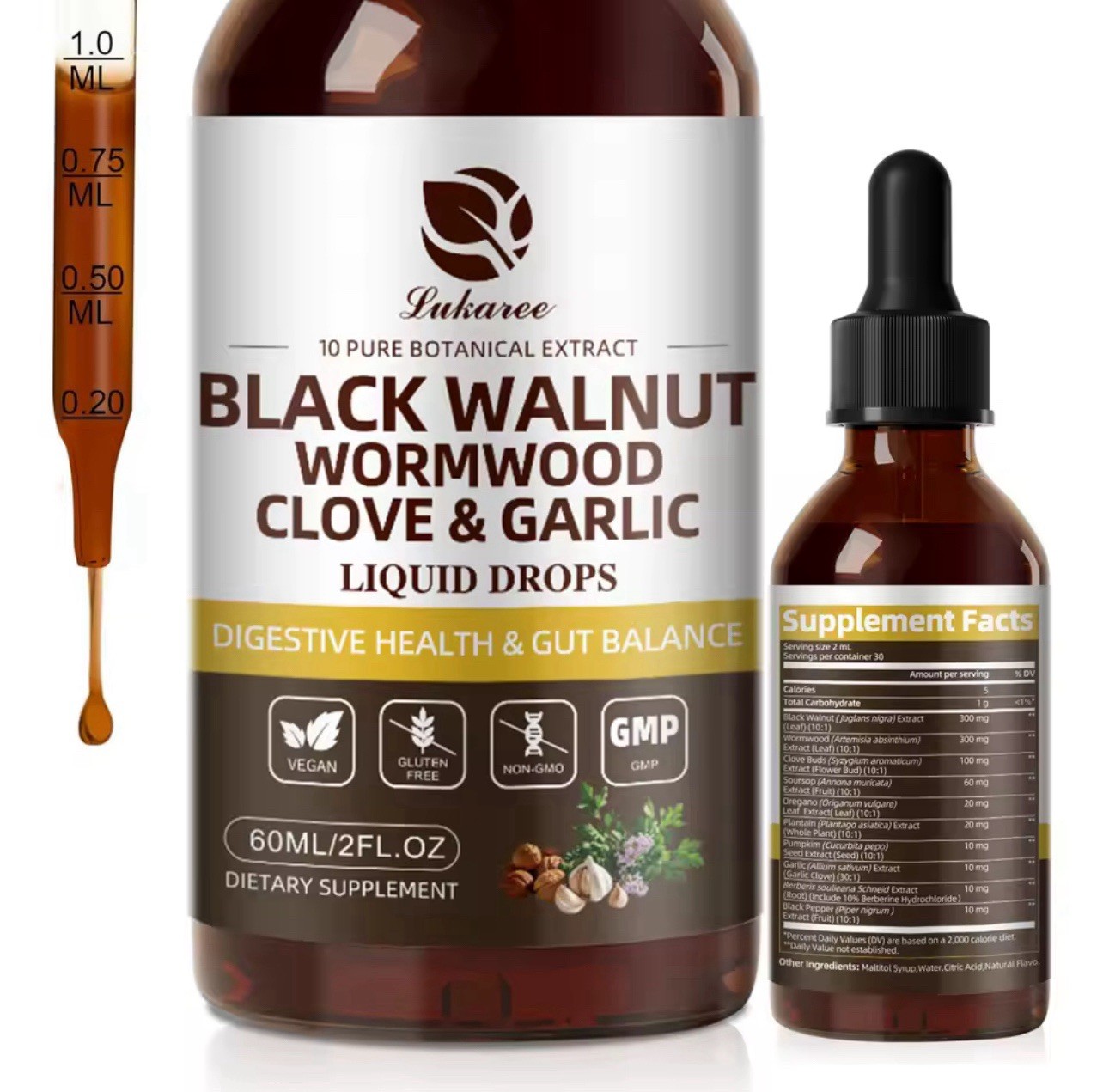 Lukaree Black Walnut Wormwood Clove Garlic Liquid Drops Detox 60 mL