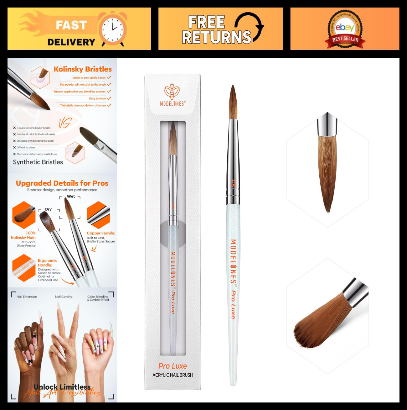 Acrylic Nail Brush Size 8 – 100% Pure Kolinsky Sable Hair, Ergonomic Handle for