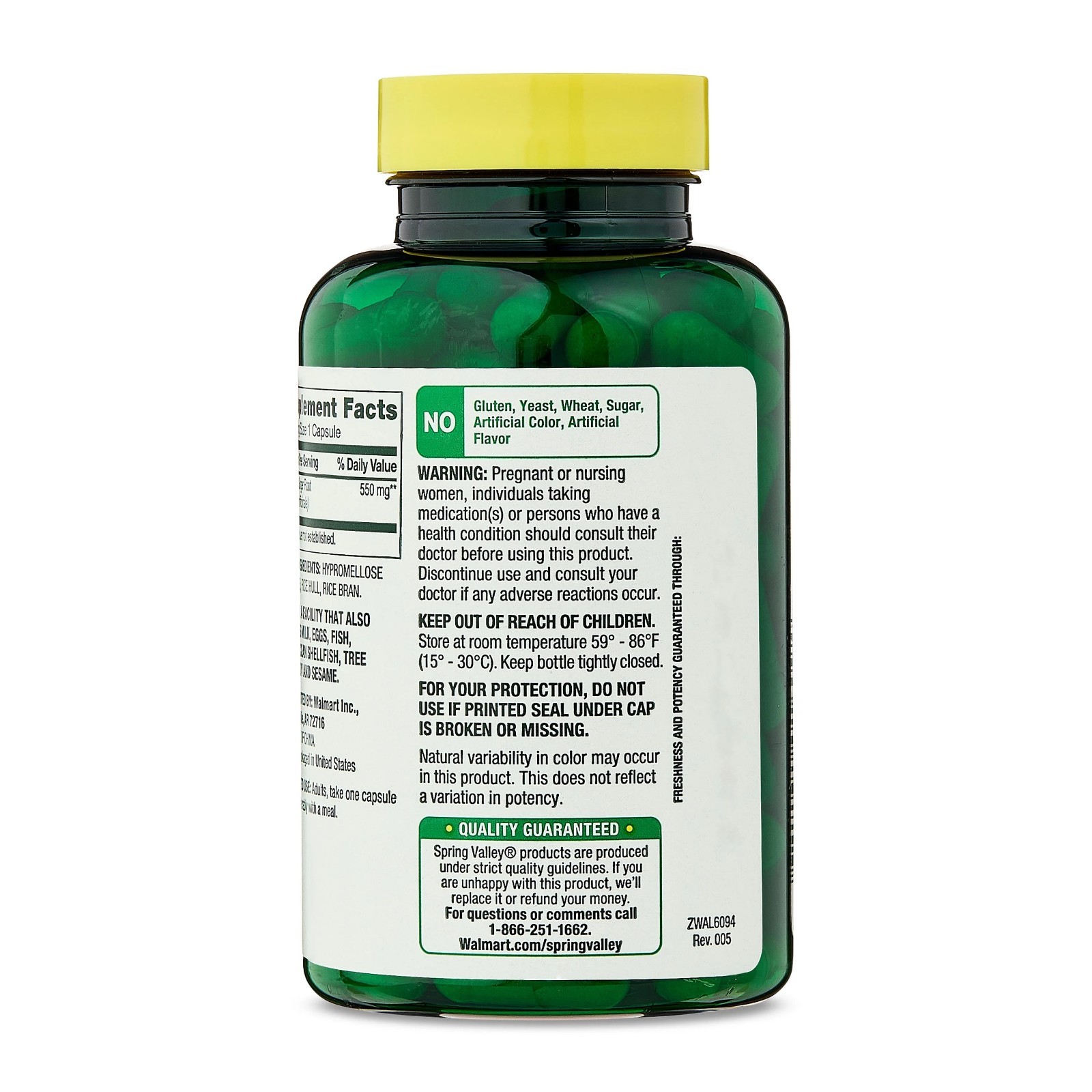 Spring Valley Ginger Root Digestive Health Dietary Supplement Capsules, 550 mg,