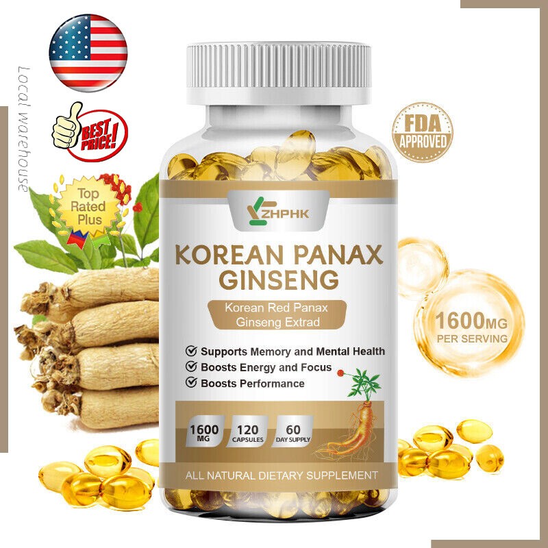 Korean Red Panax Ginseng – 120 Capsules – Extra Strength 1600mg Highest Potency