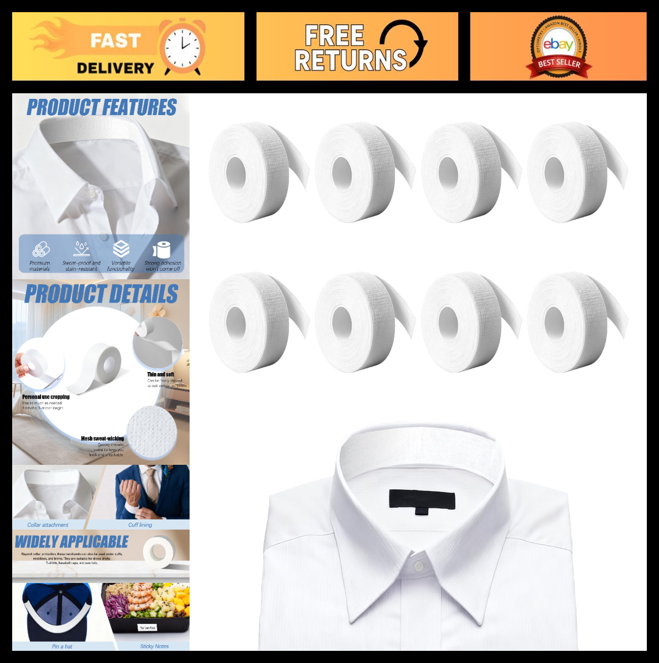 8 Rolls Self-Adhesive Shirt Collar Sweat Pads, Invisible Neck Liner & Armpit Pat