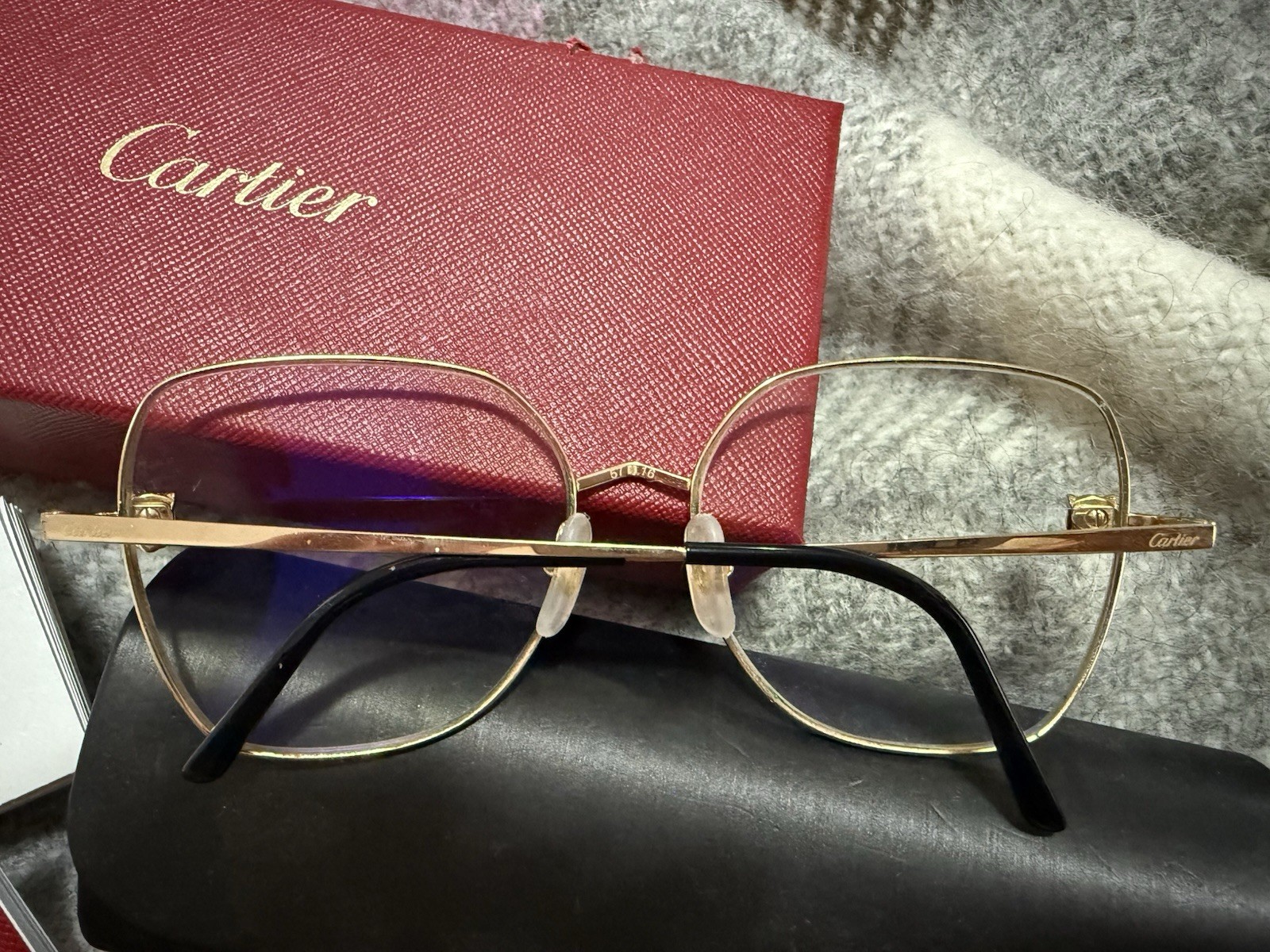 Cartier Metal Eyeglasses Frames Gold Square Full Rim Solid Unisex Adults