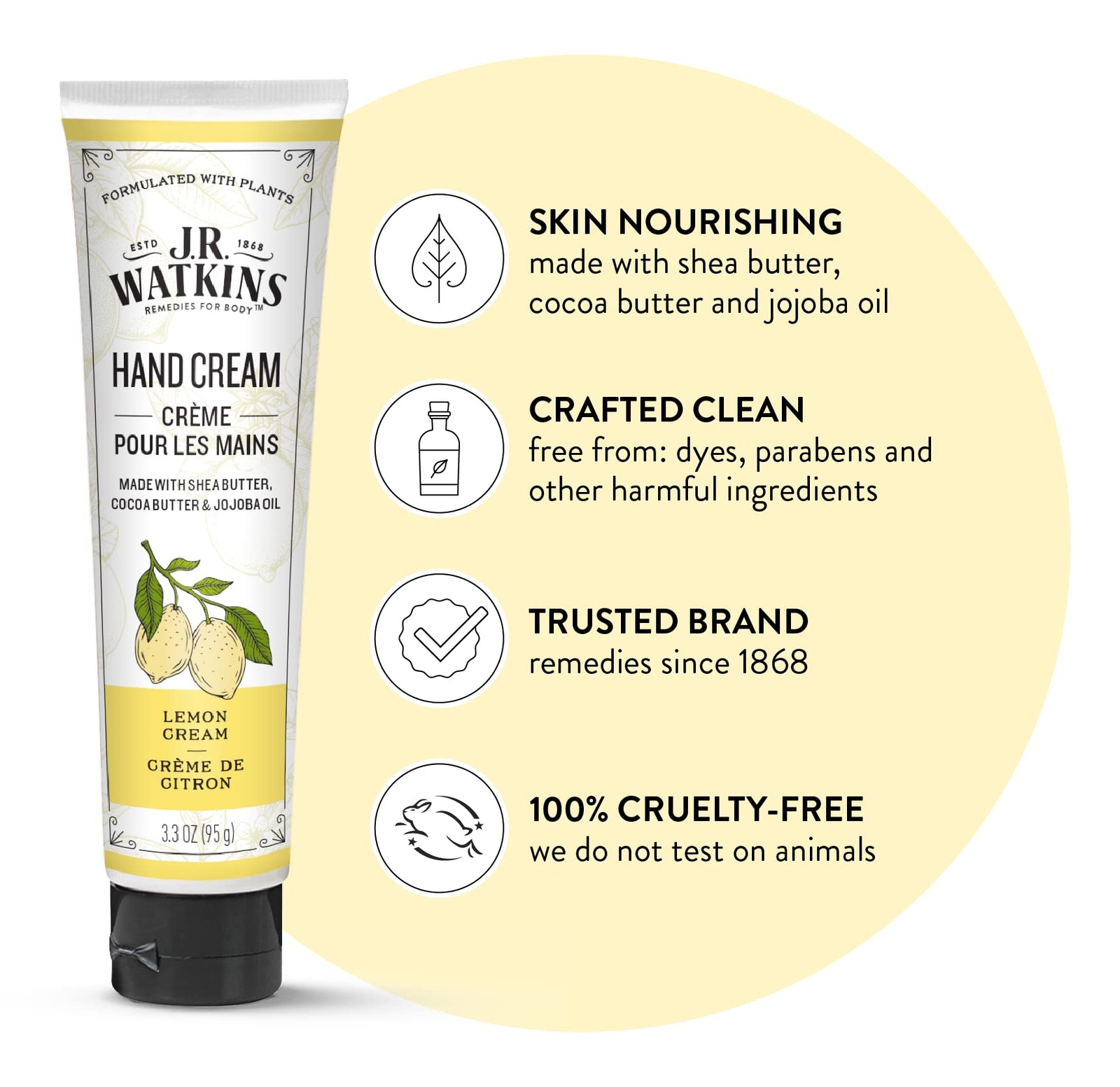 Hand Cream Moisturizing 3.3oz Lemon Shea Butter J.R. Watkins Natural Hydrating