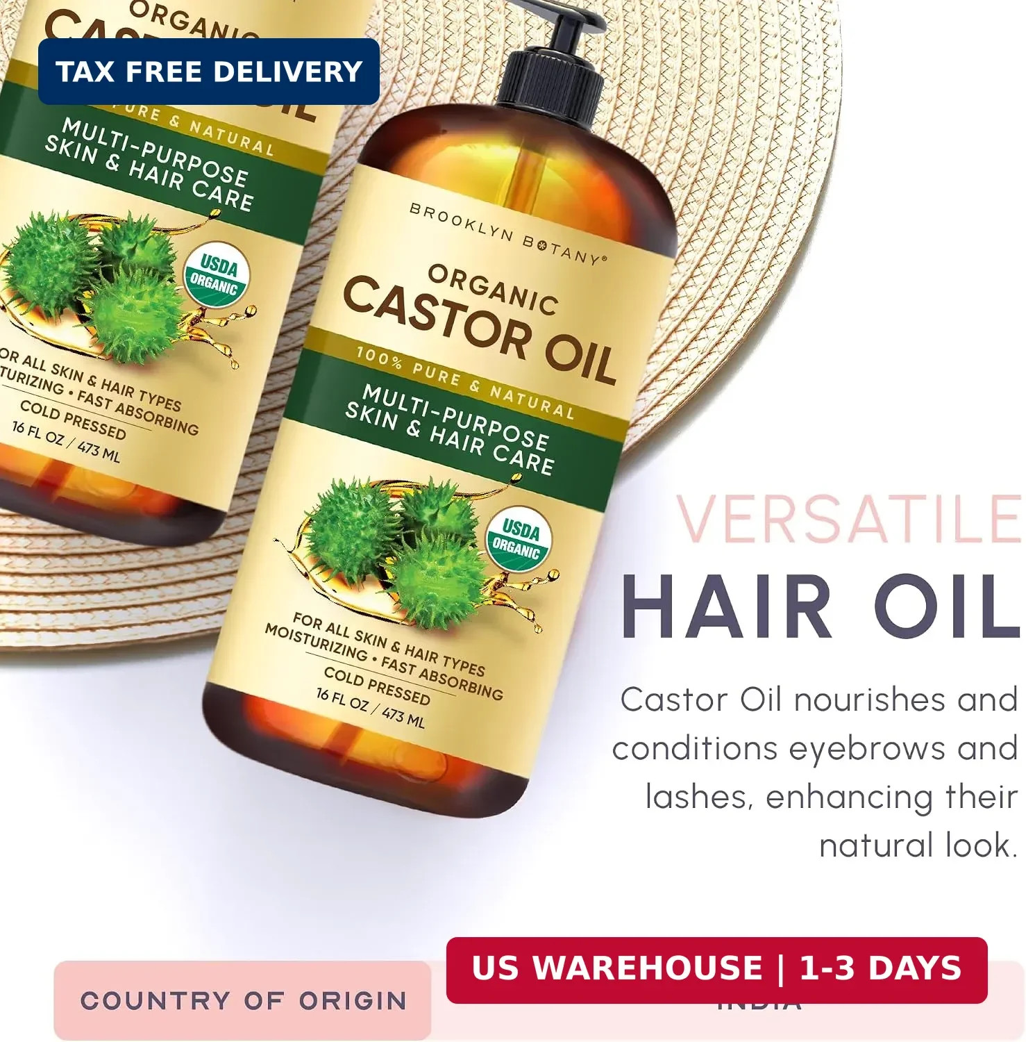 Brooklyn Botany Cold-Pressed Organic Castor Oil | 16 Fl Oz | Hair | Face | Body