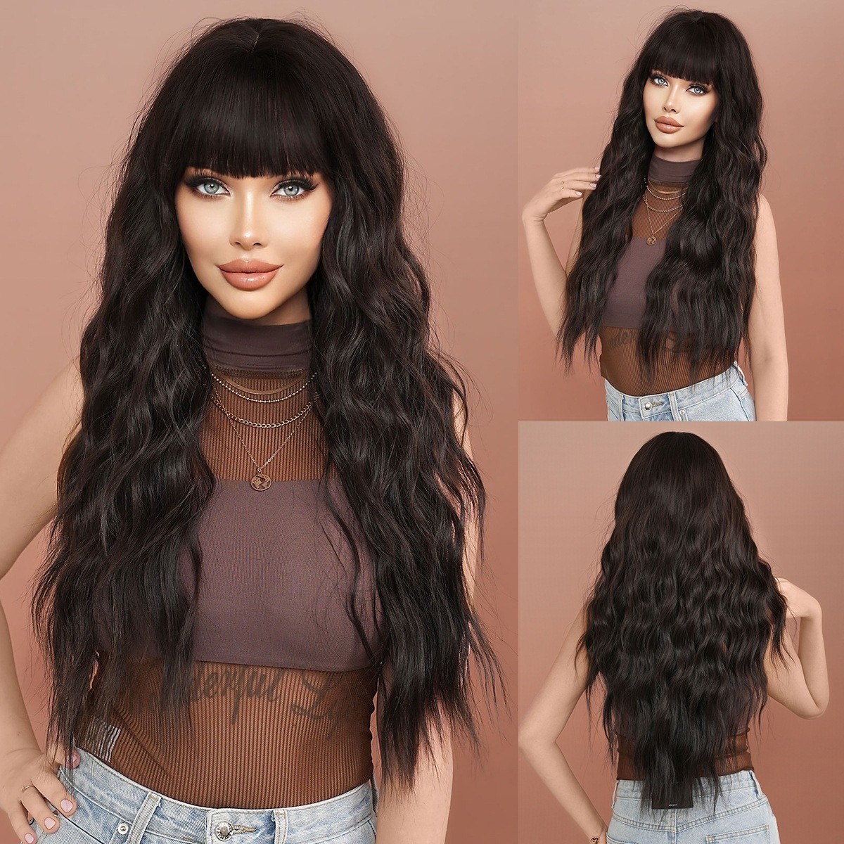 Natural black long wavy hair with fringe full head cover made of synthetic fiber