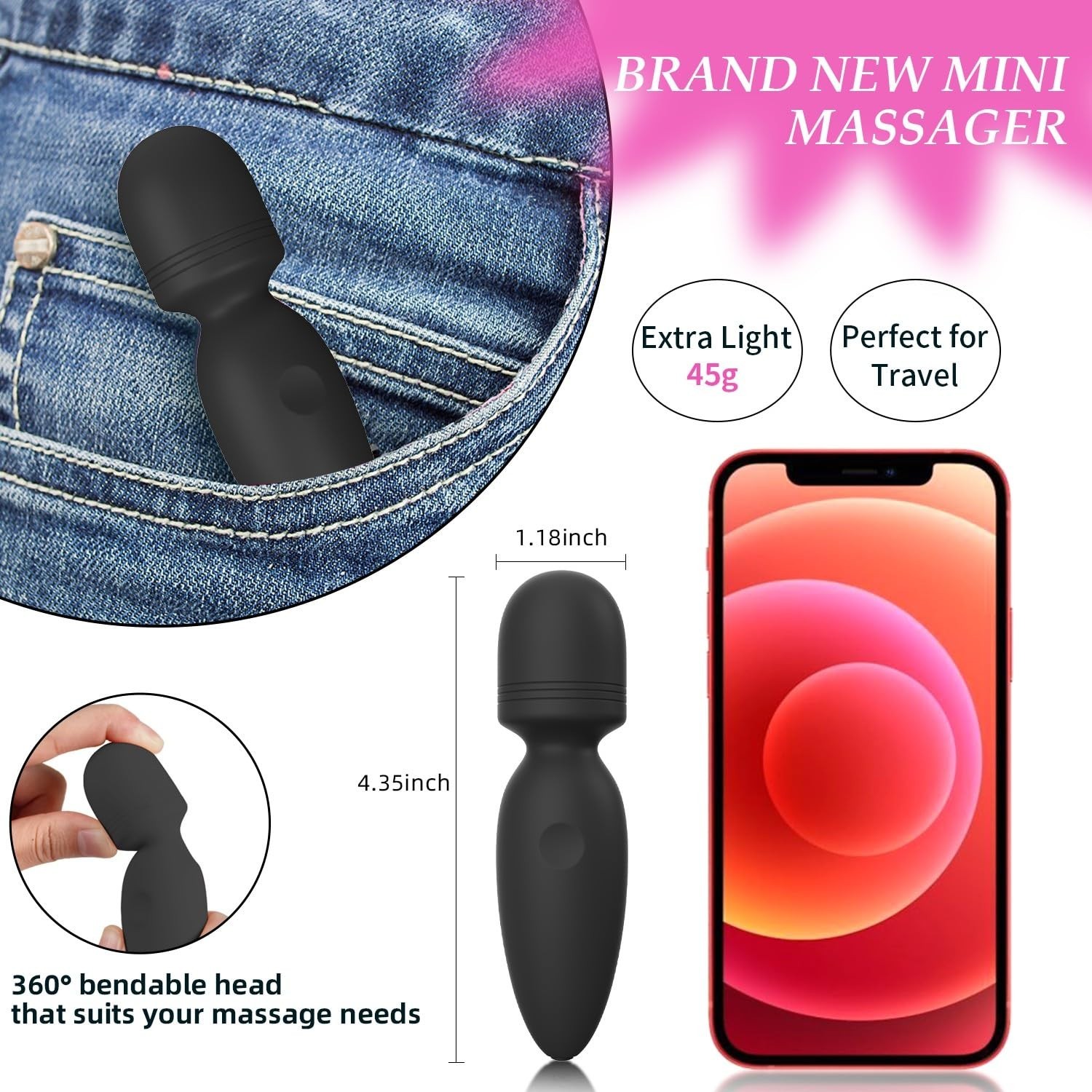 Portable Waterproof Mini Handheld Massager, 10 Vibration Modes for Back Relief