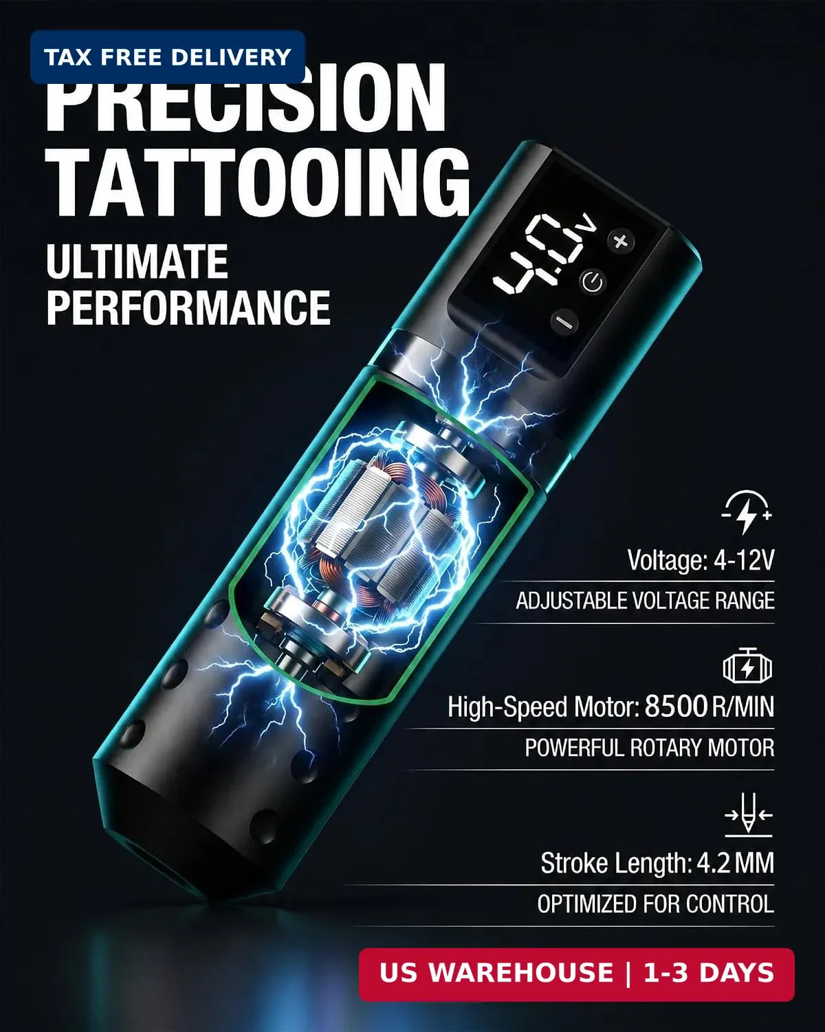 POSEIDON Wireless Rotary Tattoo Gun Kit with Pen Machine, 1500mAh Battery | 3mm