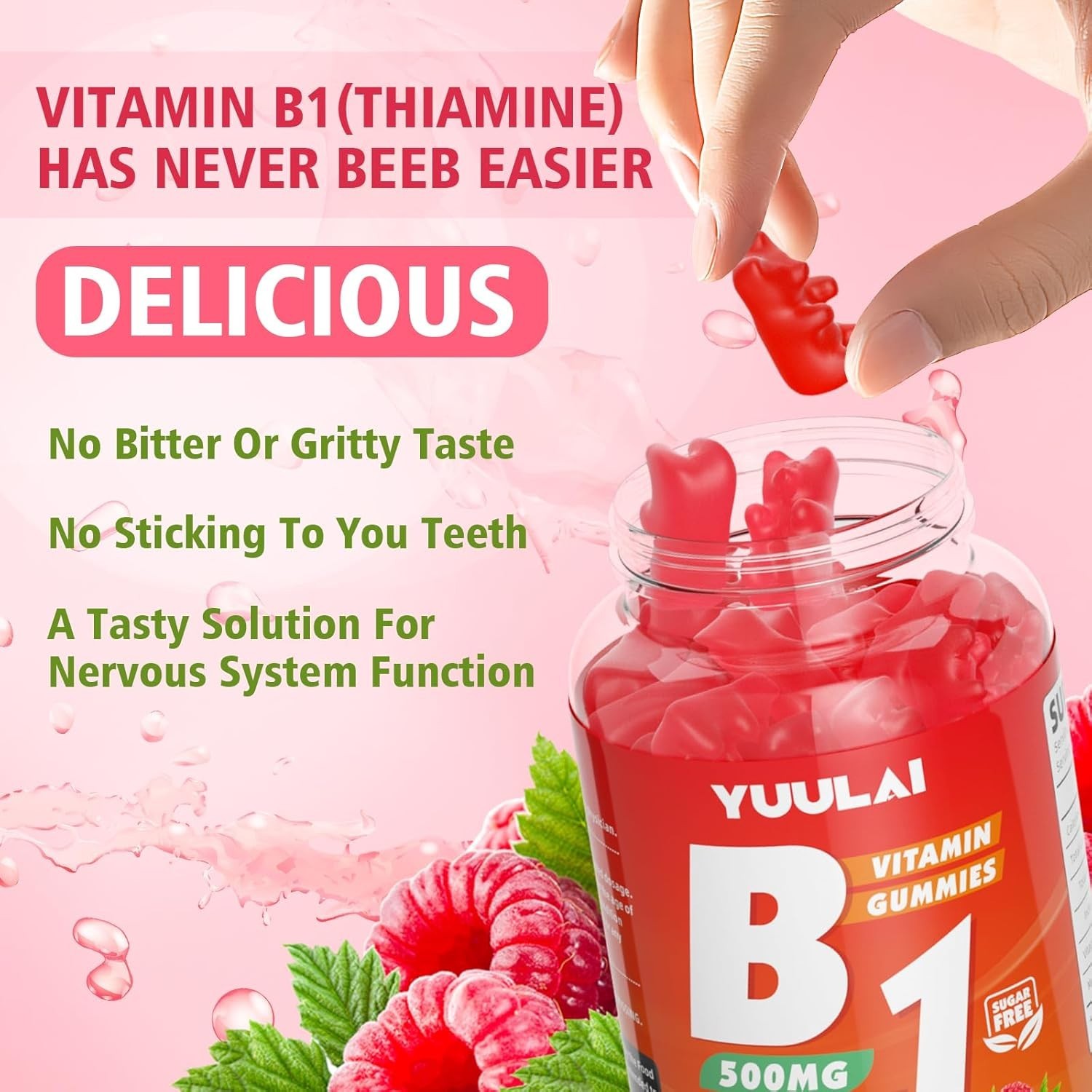 Vitamin B1 Gummies 500mg for Adults & Kids, Thiamine B1 Supplement with Magnesiu