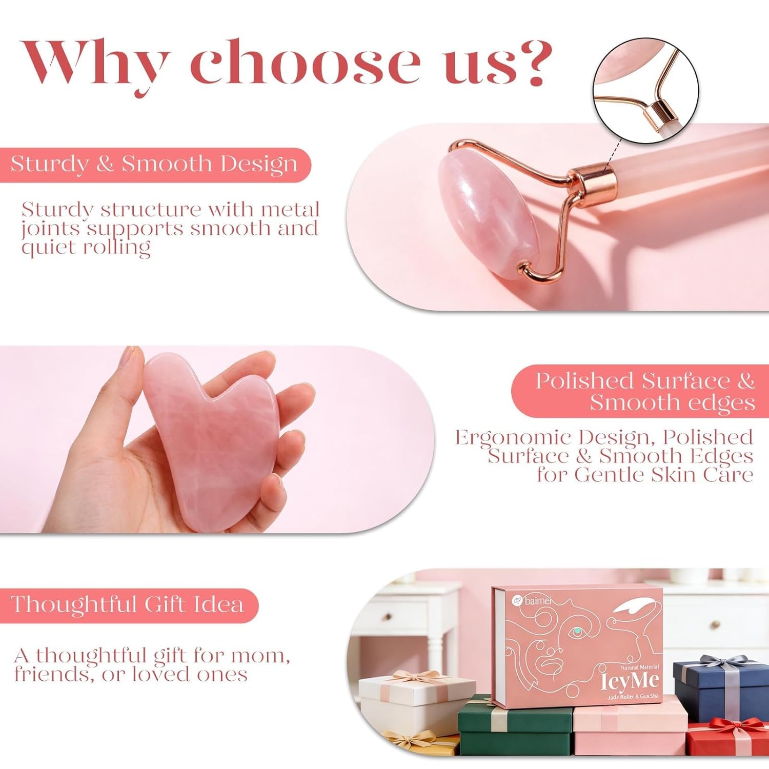 BAIMEI IcyMe Rose Quartz Roller & Gua Sha Set, Cooling Face Roller for Depuffing