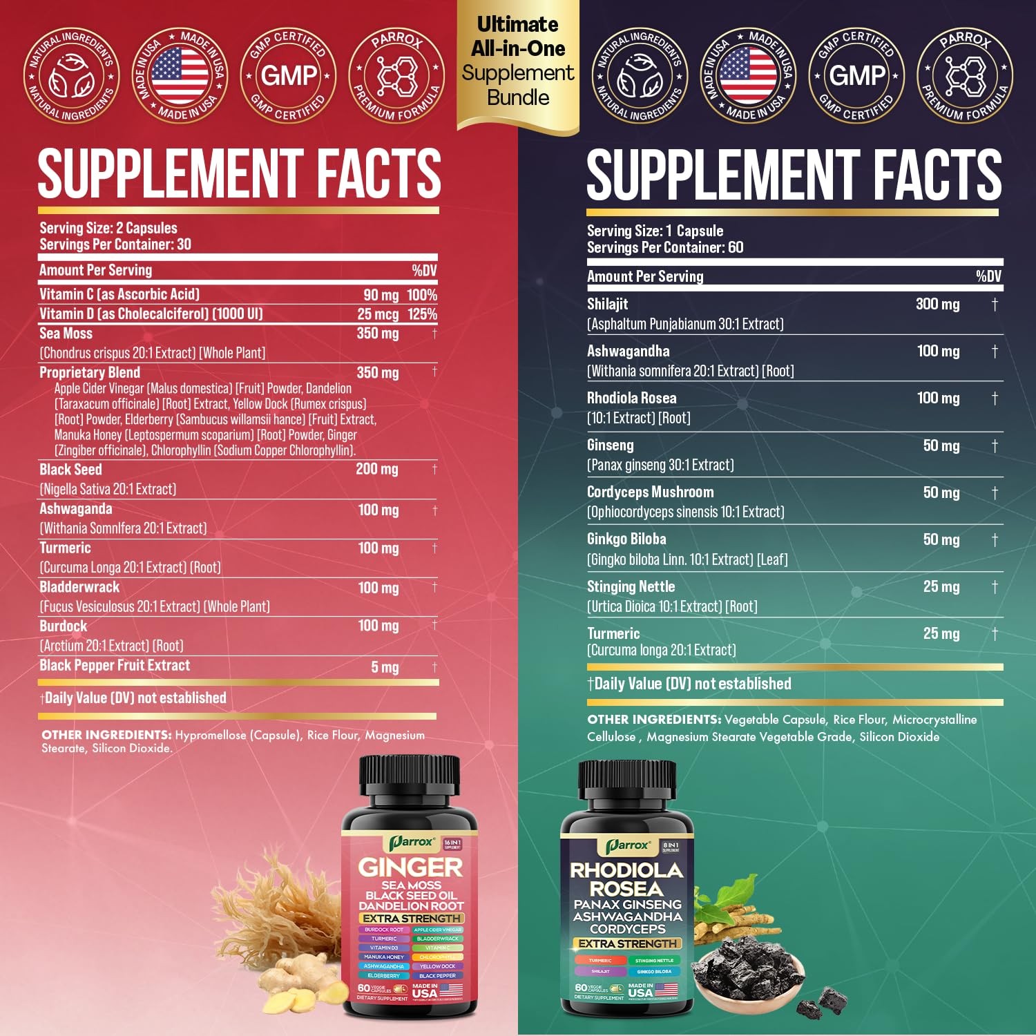 Parrox Dynamic Duo Herbal Bundle Ginger Rhodiola Rosea Sea Moss Ashwagandha
