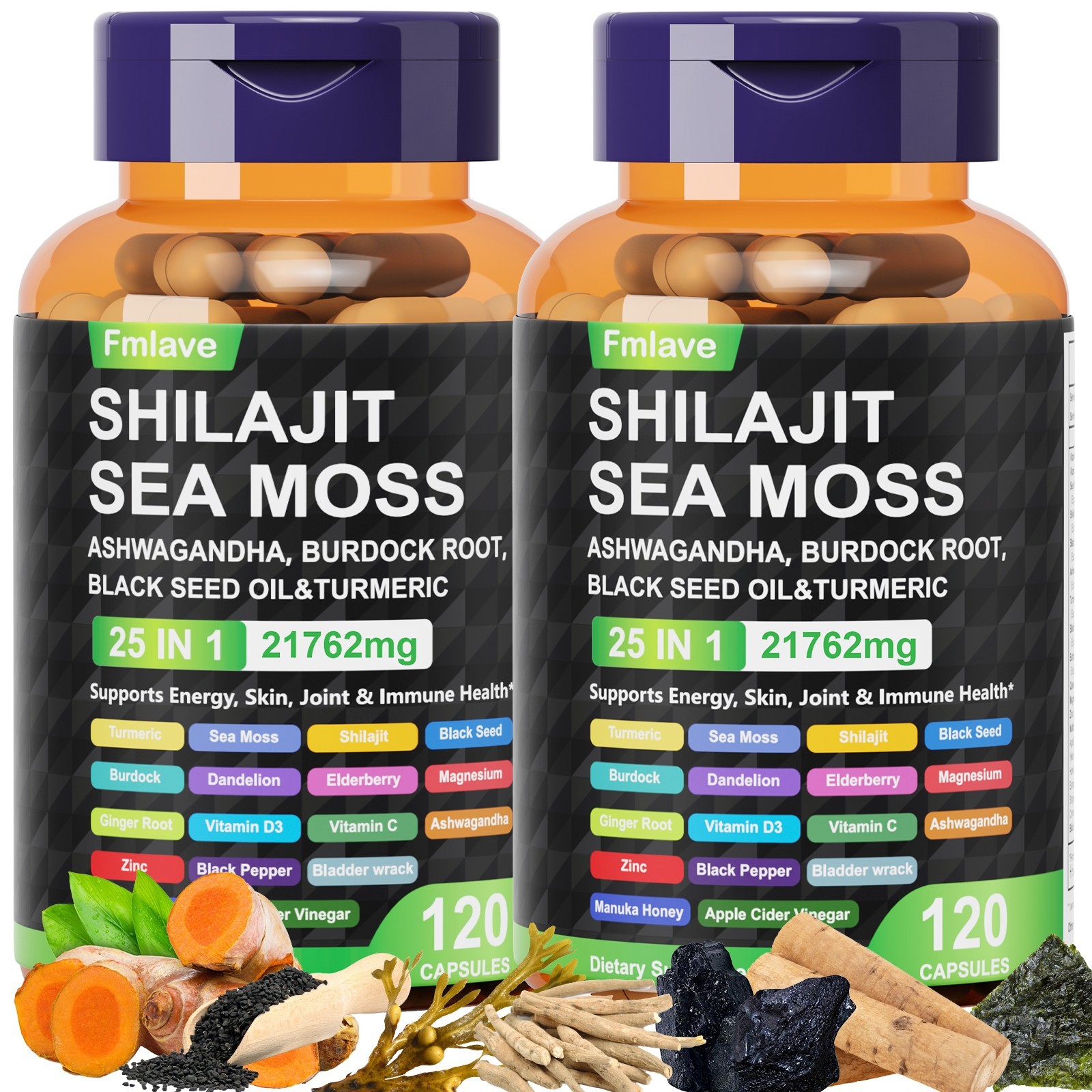 2 Pack 25 in 1 Sea Moss, Black Seed Oil, Ashwagandha, Turmeric, Ginger, 240 Caps