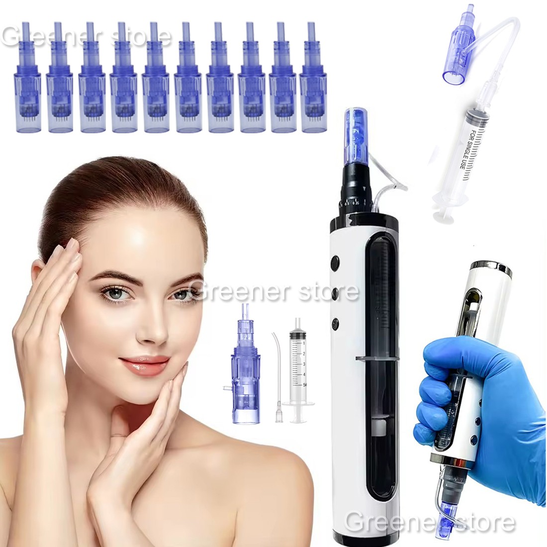 Facial Skin Lifting Mesotherapy Gun with 10Pcs 12Pin Replacement Cartridges Tips