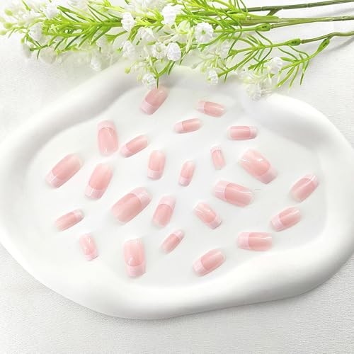 Medium Press on Nails Square False Nails with Glitter Design White French Tip