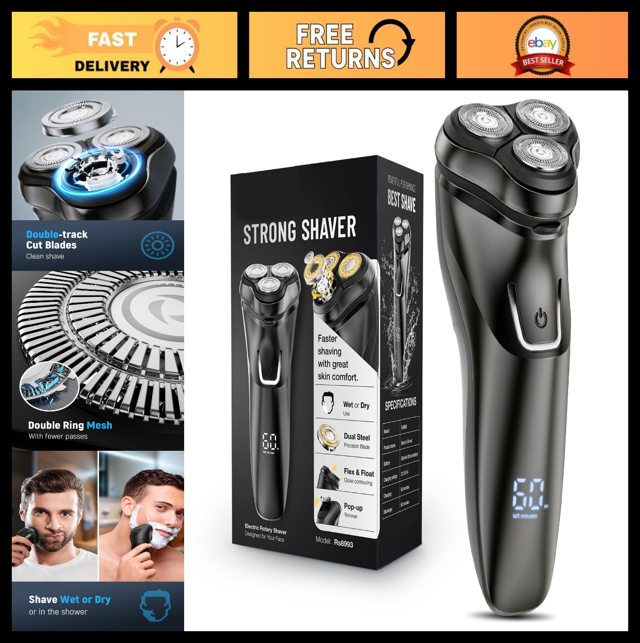 Waterproof Electric Razor for Men – 5D Floating Rotary Shaver, USB Fast Charge,