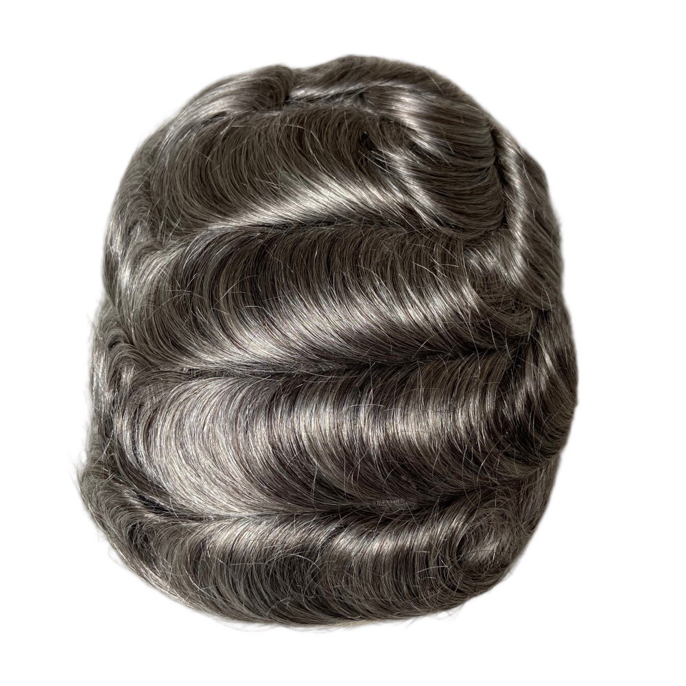 Mens Toupee Human Hair Replacement French Lace Medium Density Hairpiece Grey