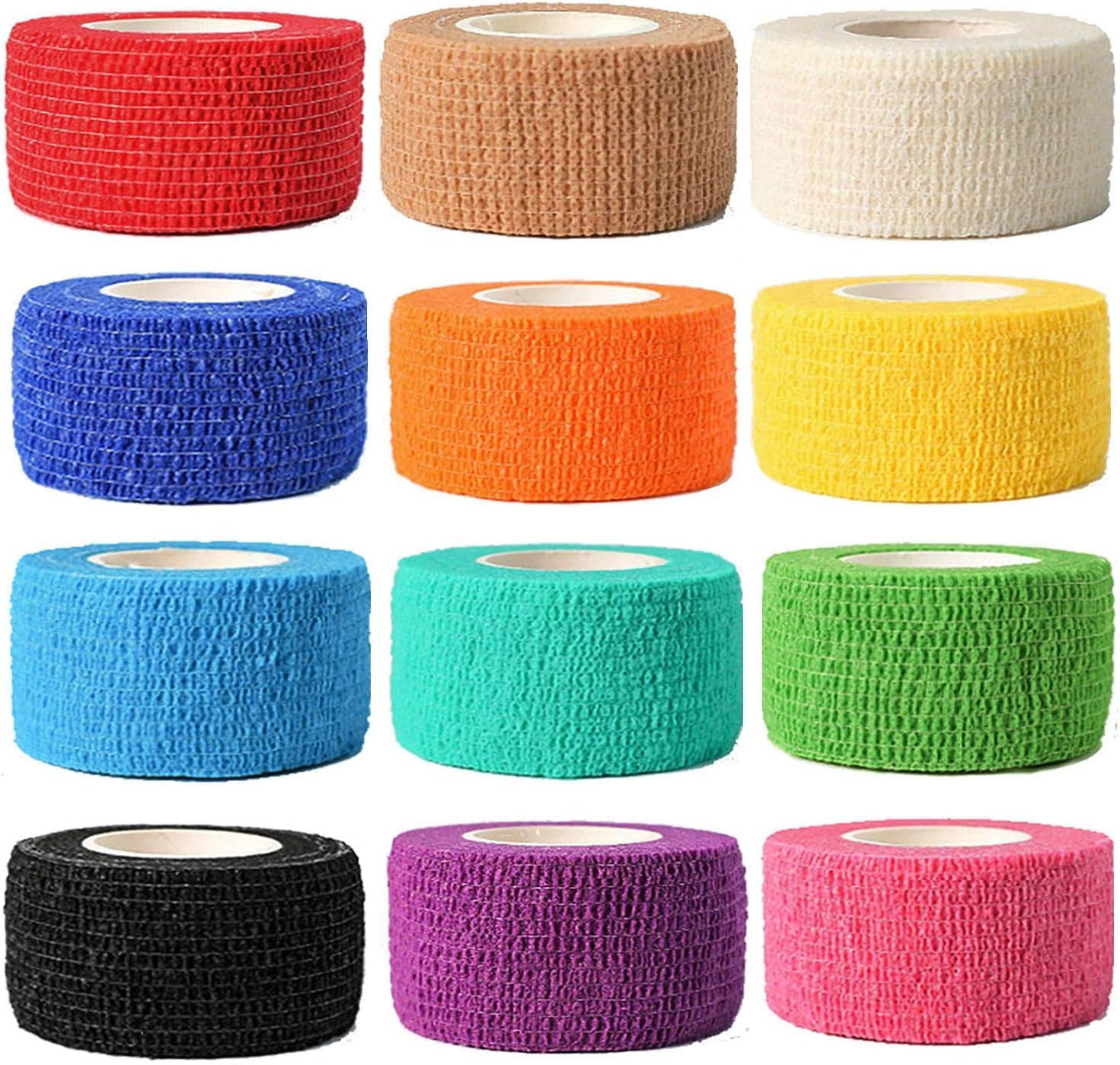 (12-Pack) 1” X 5 Yards | Self Adhesive Bandage Wrap, Athletic Elastic Cohesive