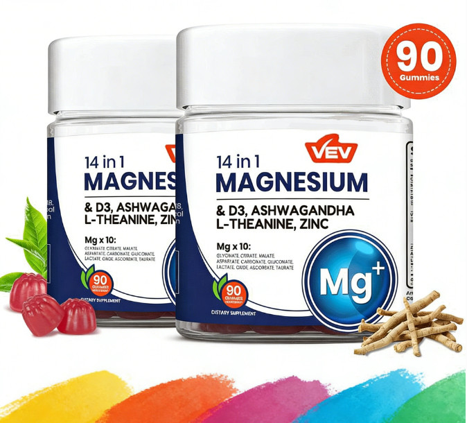 Ashwagandha Magnesium Ct 14-in-1 Gummies – 10 Mg Types + D3, VEV – 90 (2-Pack)