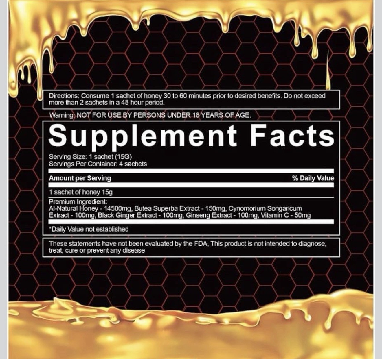 Golden Drip Honey Vitamin Sachets 12 Pack 15g w/ Ginseng & Black Ginger