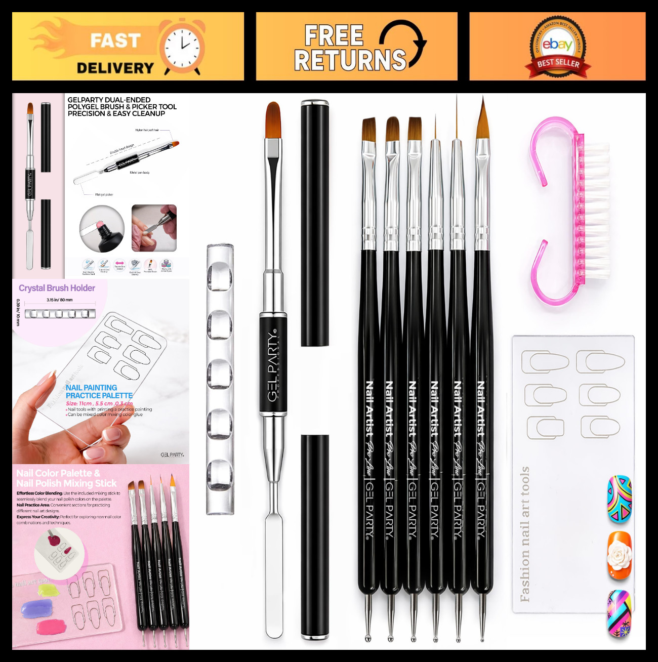 10 Pcs Dual-Ended Nail Art Brush Kit – Dotting Pens, Poly Gel Tools & Palette