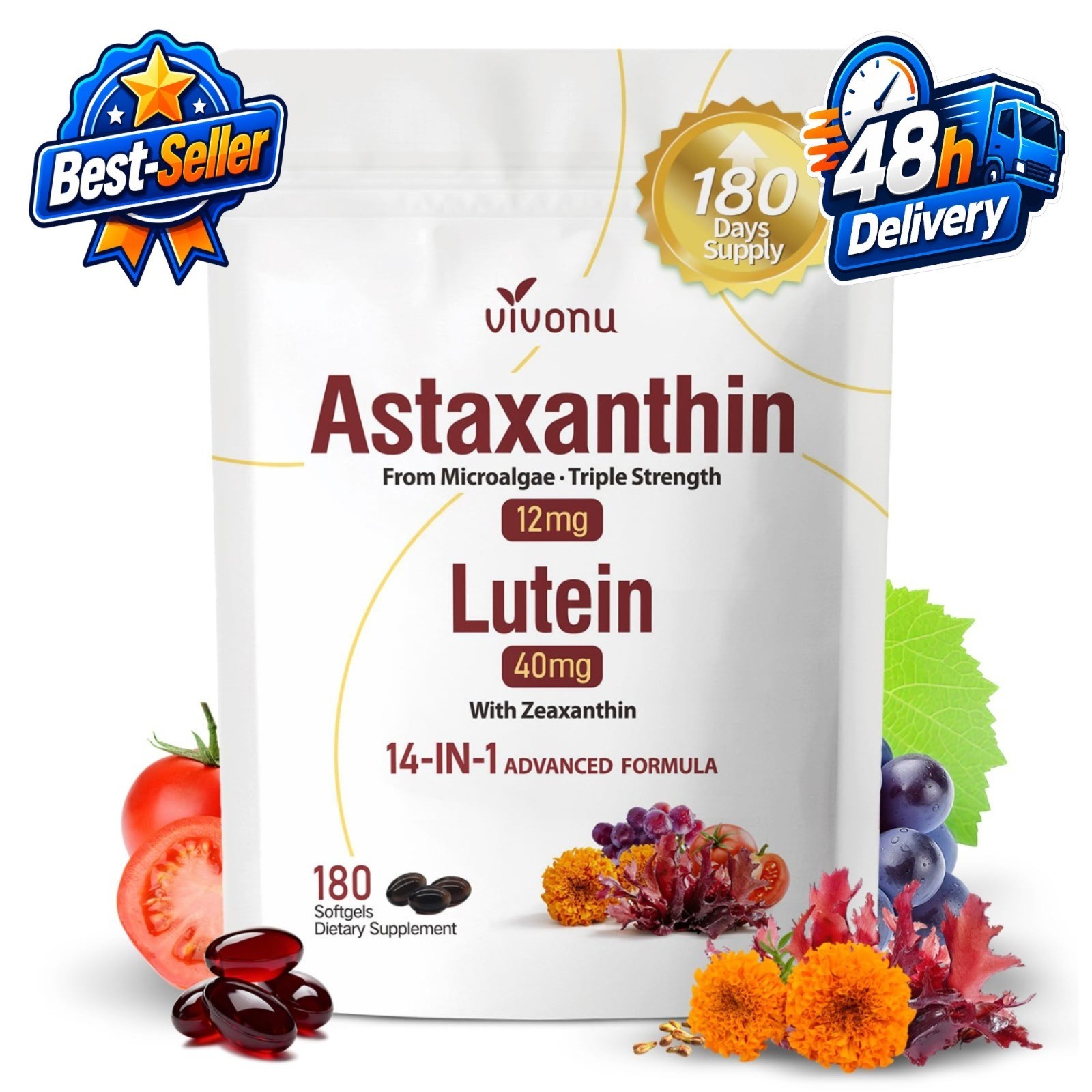 VivoNu 14-in-1 Astaxanthin Lutein Supplements 180 Softgels Eye Health