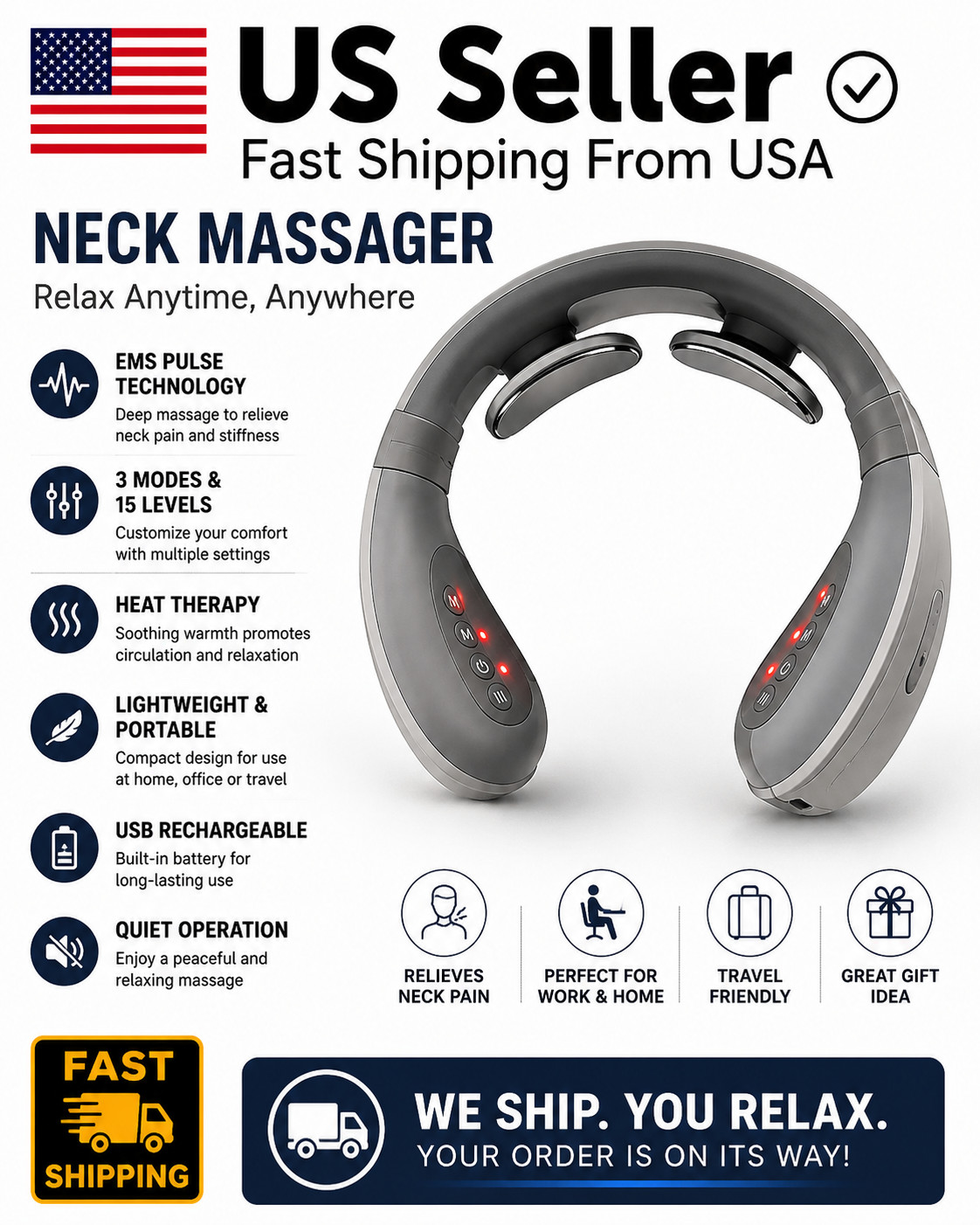 US Stock Neck Massager Heated Cervical Relaxer USB Rechargeable Portable