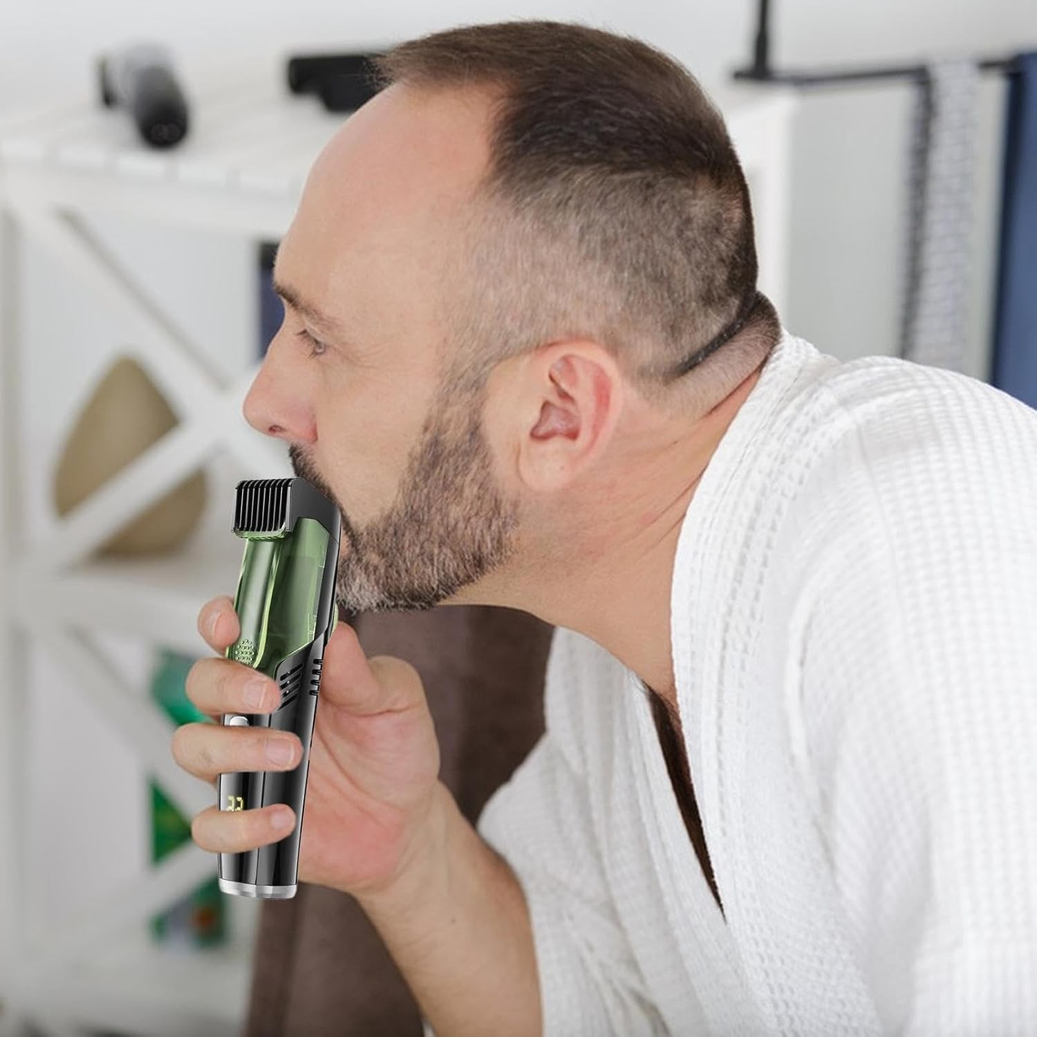 Vacuum Beard Trimmer, Facial Hair Groomer, IPX6 Waterproof, 2 Detachable Combs