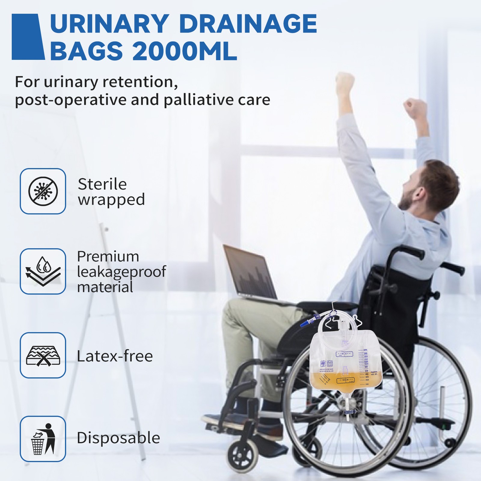 10 Pack Urinary Drainage Bag 2000ml Capacity w/ Anti-Reflux Chamber Tube Hook US