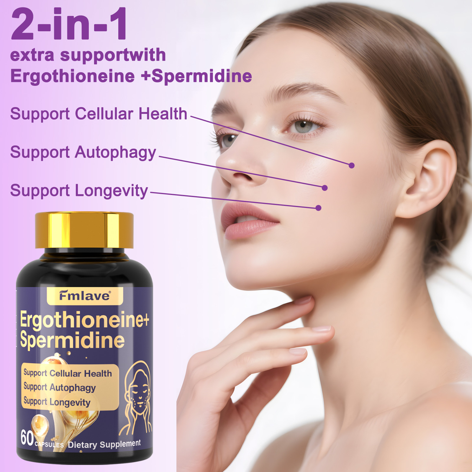 L-Ergothioneine 25 mg + Spermidine Supplement for Longevity & Anti Aging 60 Caps