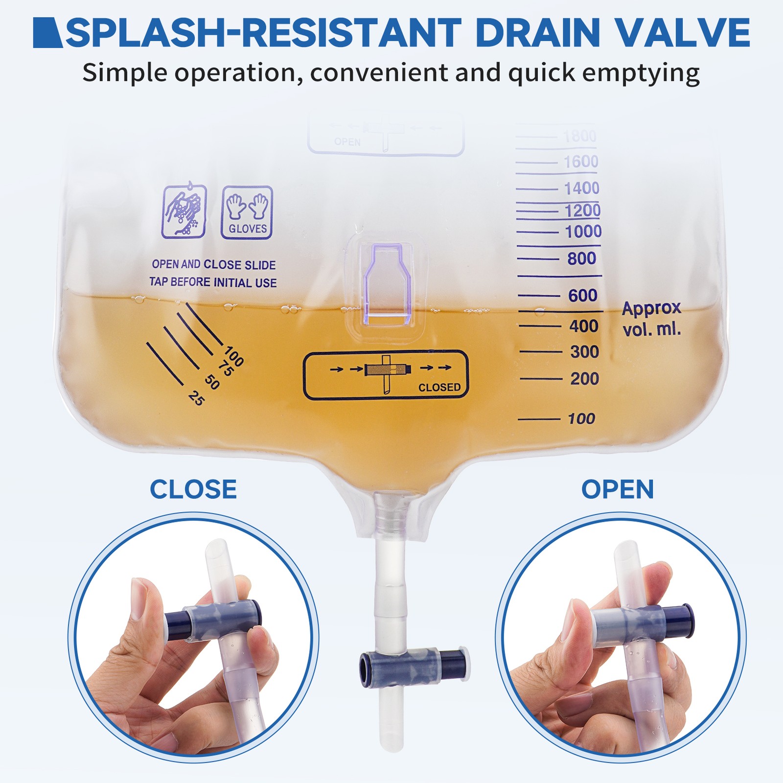 10 Pack Urinary Drainage Bag 2000ml Capacity w/ Anti-Reflux Chamber Tube Hook US
