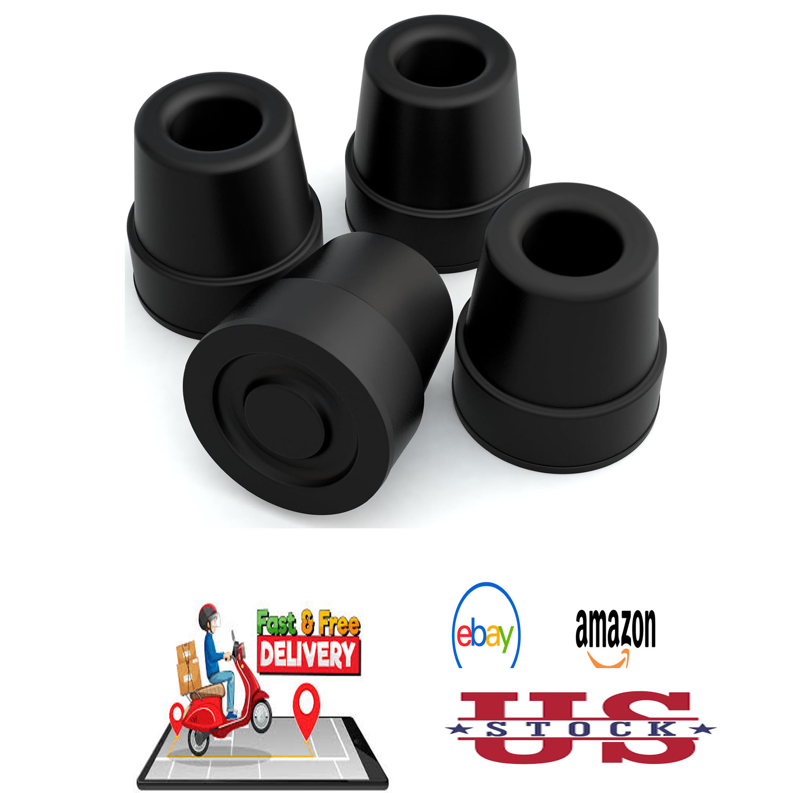 Quad Cane Tips Heavy Duty Rubber Foot Replacement 1/2 Inch Black Attachment Grip