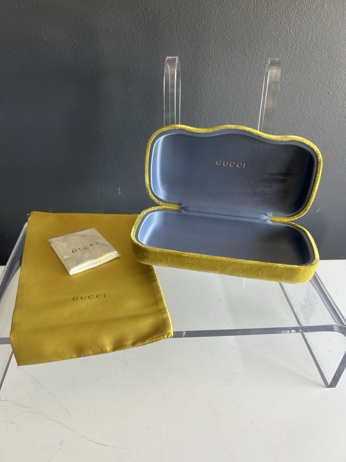 Gucci Yellow / Mustard Velvet Velour Hard Shell Eyeglasses Case, Cloth & Pouch