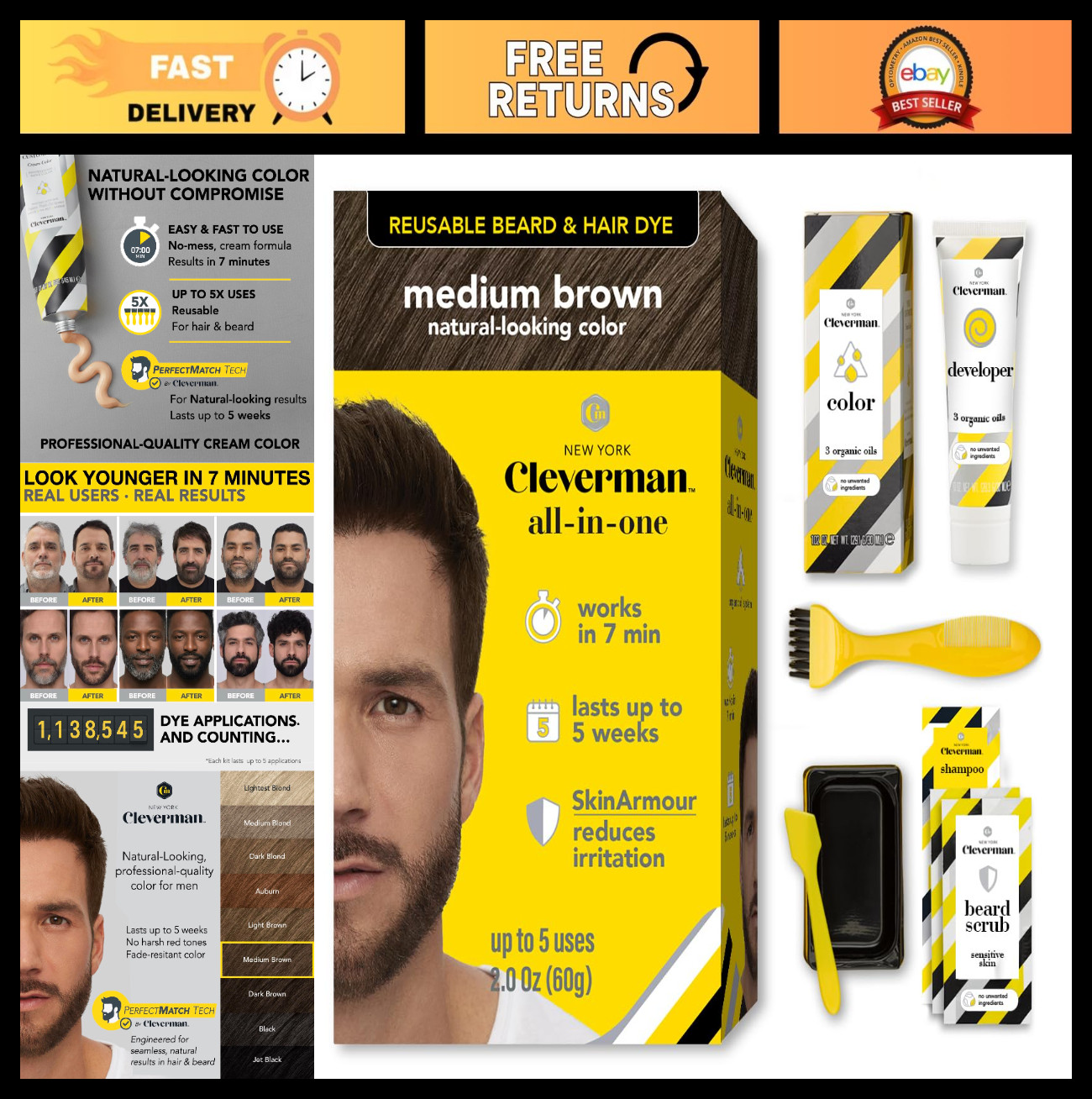 Reusable Hair & Beard Dye for Men – Medium Brown, 5 Uses, 7 Min, No-Drip Cream,