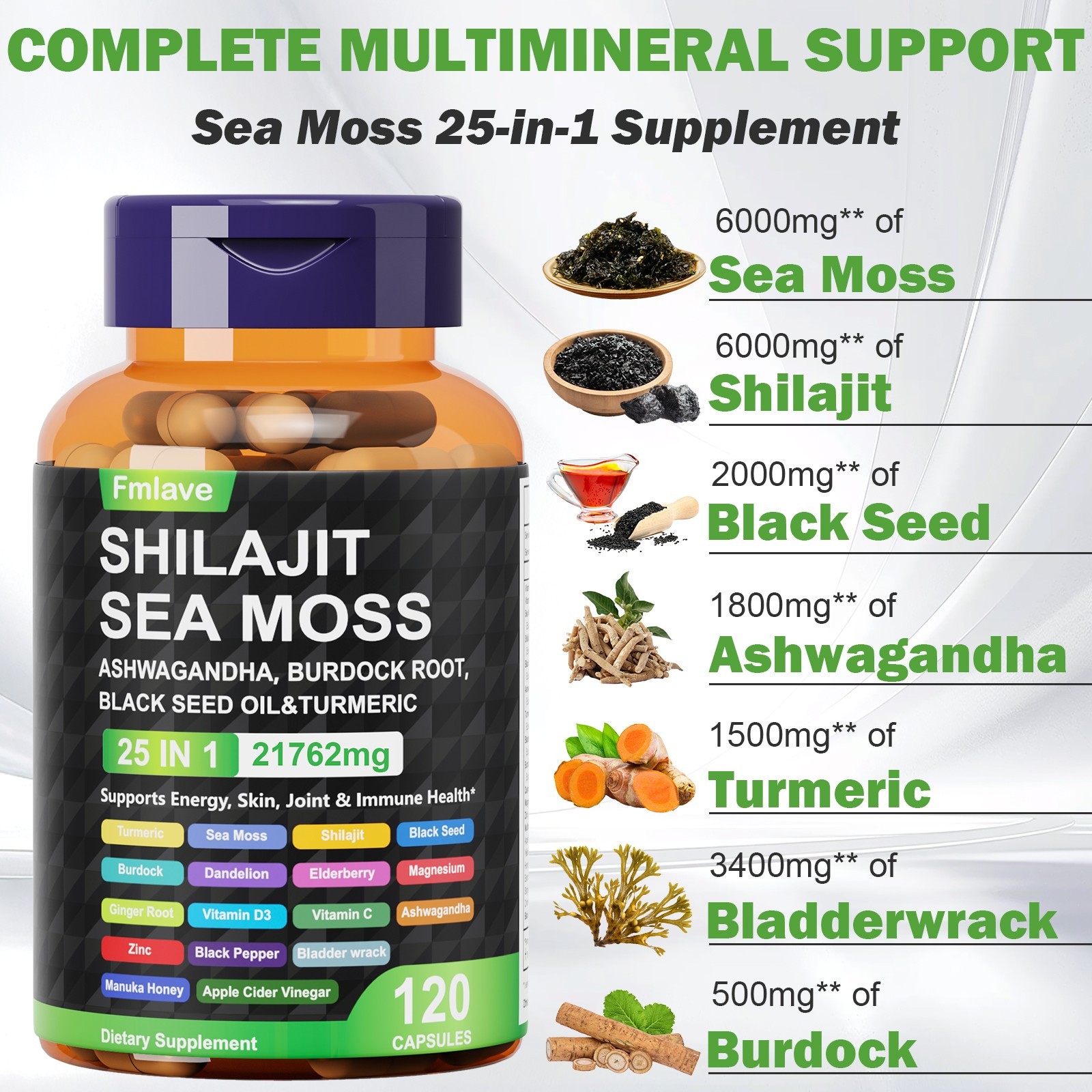 2 Pack 25 in 1 Sea Moss, Black Seed Oil, Ashwagandha, Turmeric, Ginger, 240 Caps