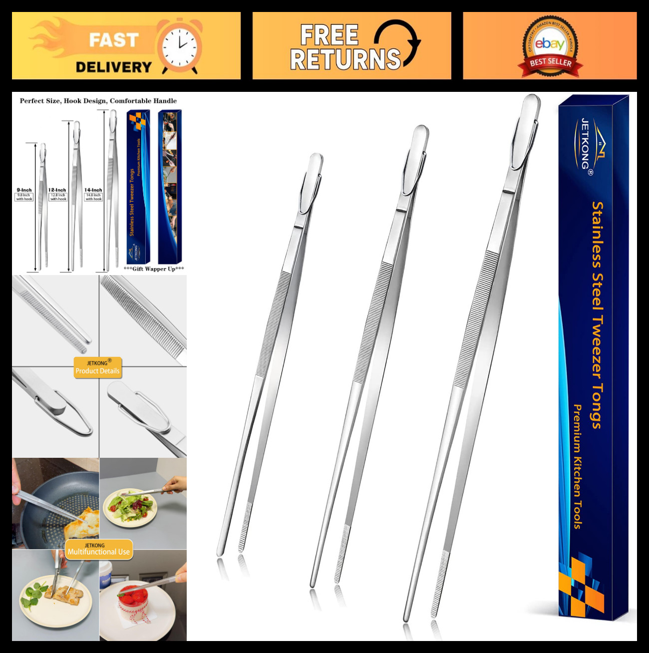 Extra Long Kitchen Tweezers Set of 3 – Heavy Duty Stainless Steel Cooking Tools,