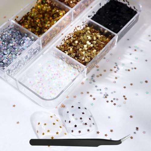 1 Box 6 Color Holographic Tiny Star Nail Glitter Laser Gold Nail Sequins YHN02