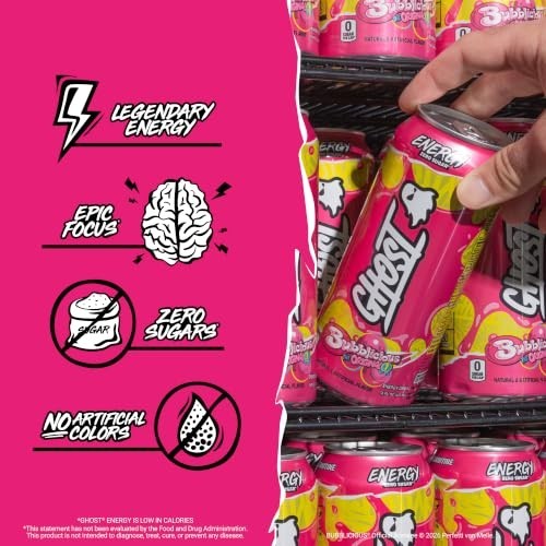 GHOST Energy Drink Zero Sugar 12 Pack – Bubblicious Original, 200mg of Natural C