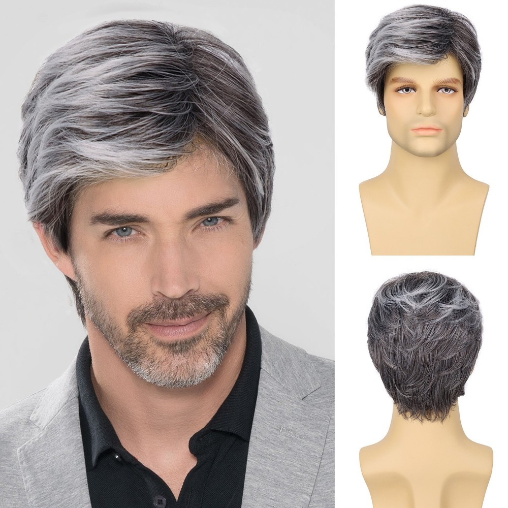 6in Men’s Short Brown Black Straight Wig Full Heat Resistant Synthetic Party