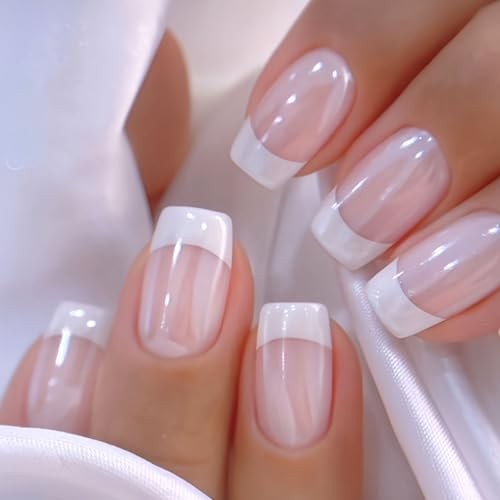 Medium Press on Nails Square False Nails with Glitter Design White French Tip