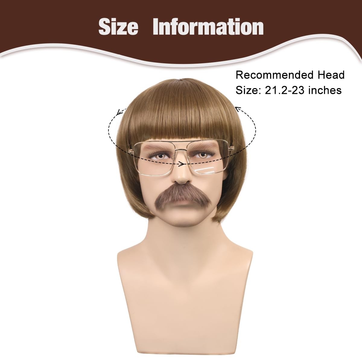 Short Straight 60 70s Bowl Cut Funny Wig with Glasses and Mustache for Men Crazy