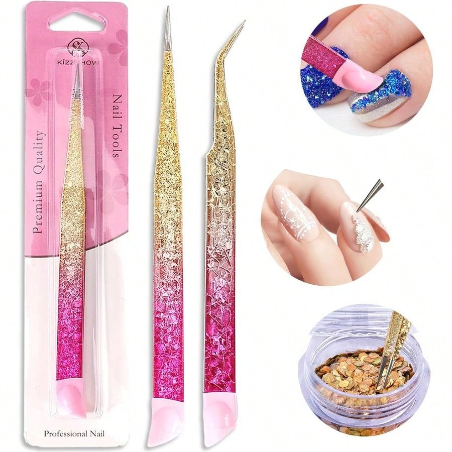 2Pcs Default Nail Art Tweezers Straight Curved Tip With Silicone Pressing
