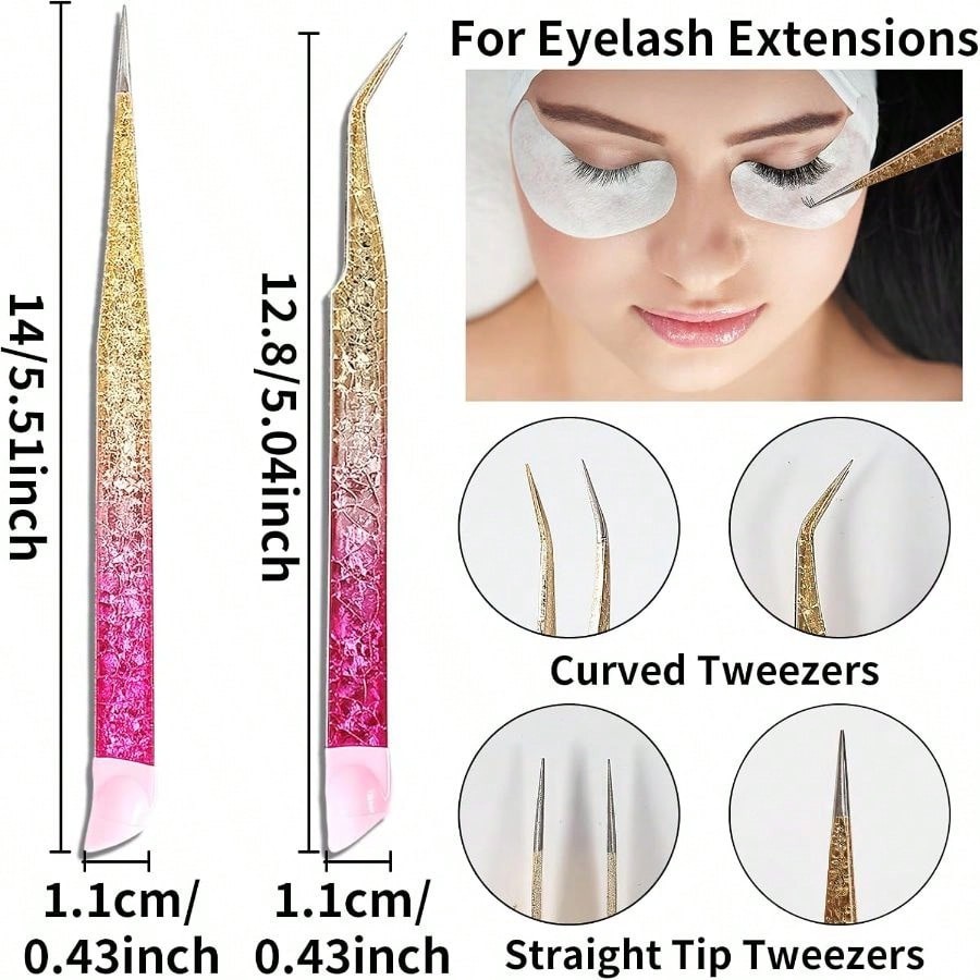 2Pcs Default Nail Art Tweezers Straight Curved Tip With Silicone Pressing