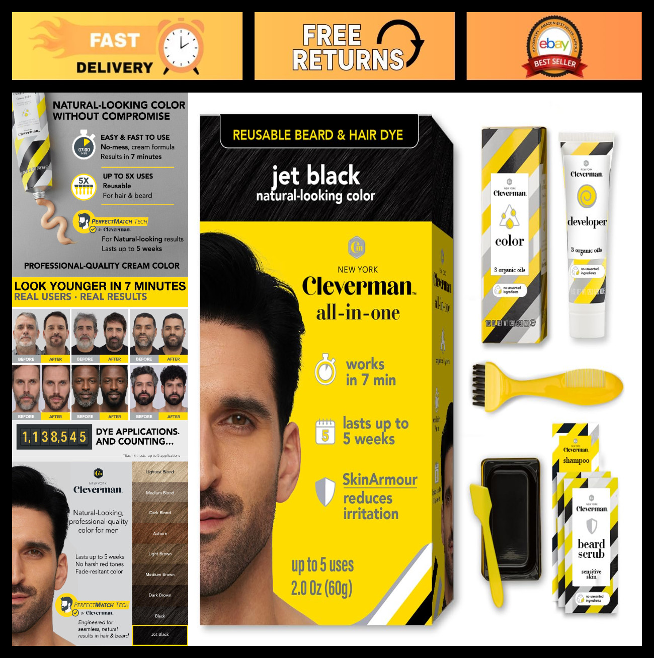 Reusable Hair & Beard Dye for Men – Jet Black, 5 Uses, 7 Min, No-Drip Cream, Gra