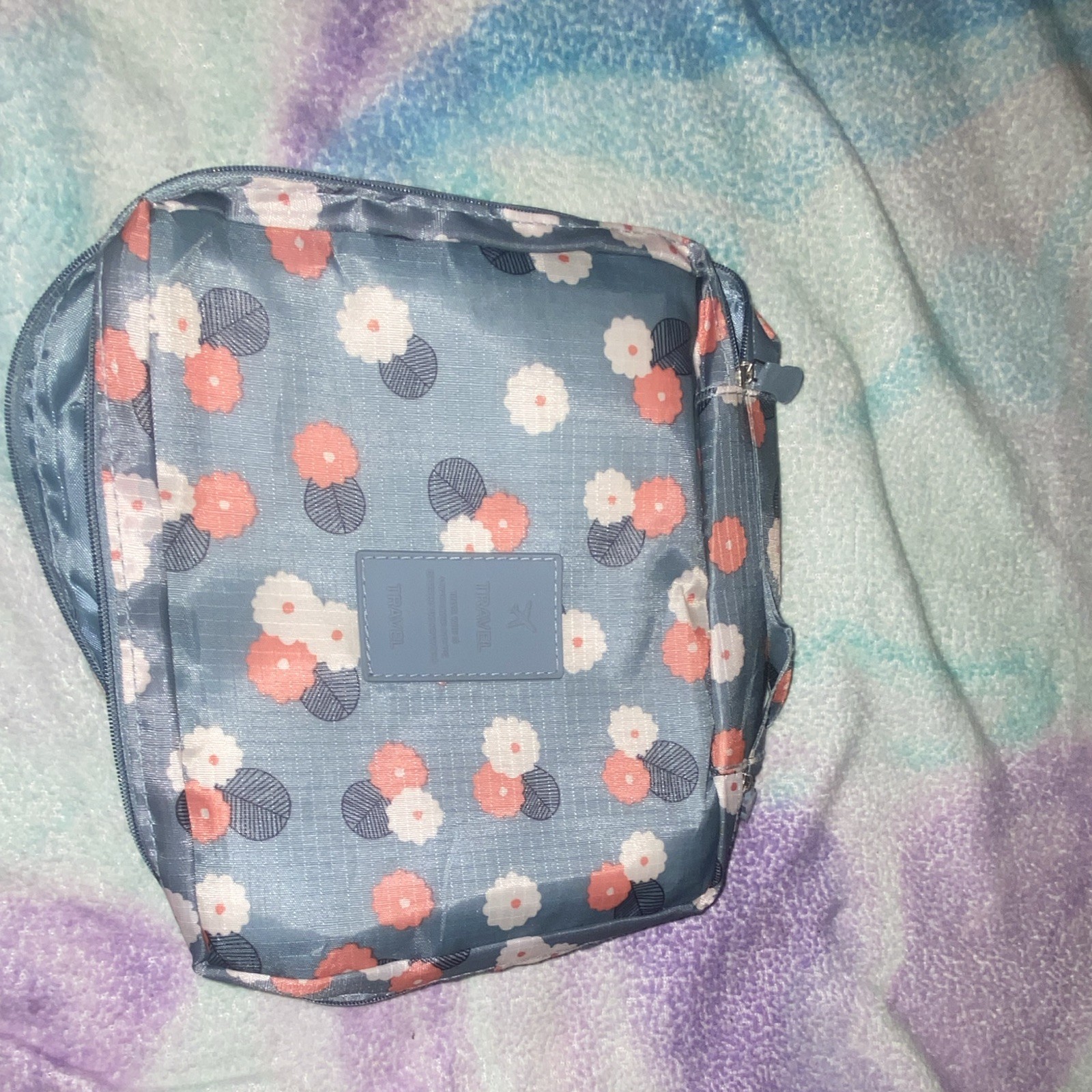 Blue White Pink Floral Makeup Bag Cosmetic Pouch with Zipper Closure