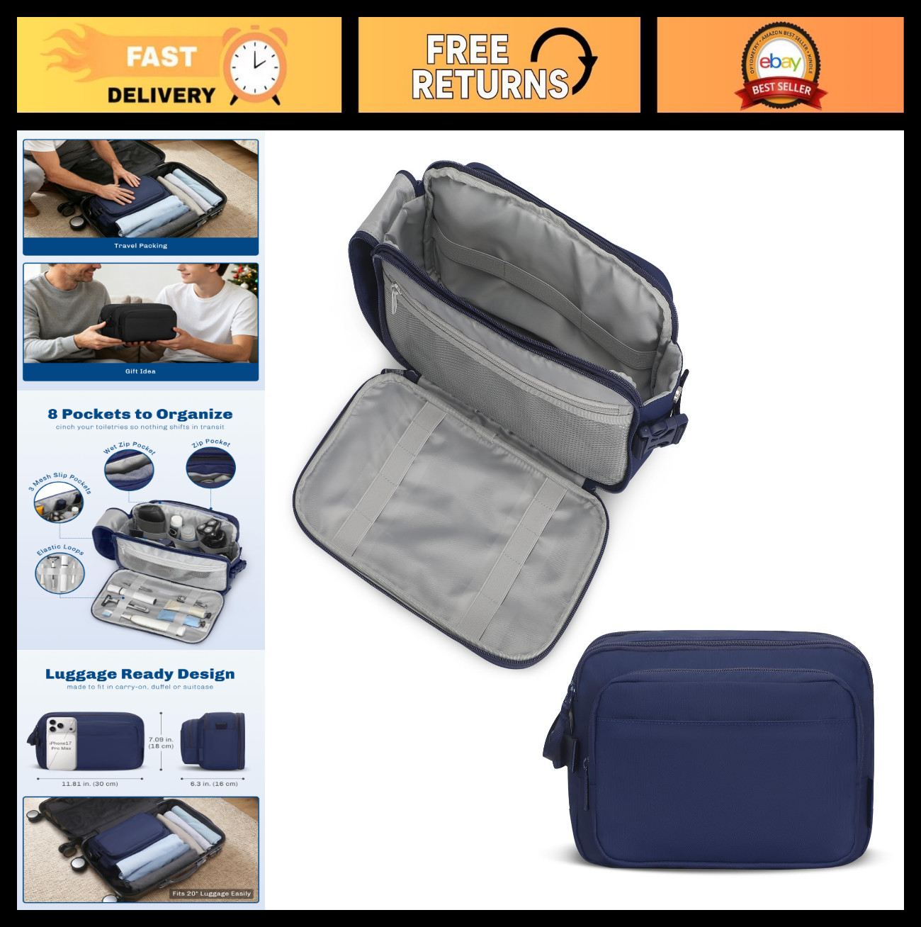Large 9L Toiletry Bag for Travel – Water-Resistant Dopp Kit & Makeup Organizer