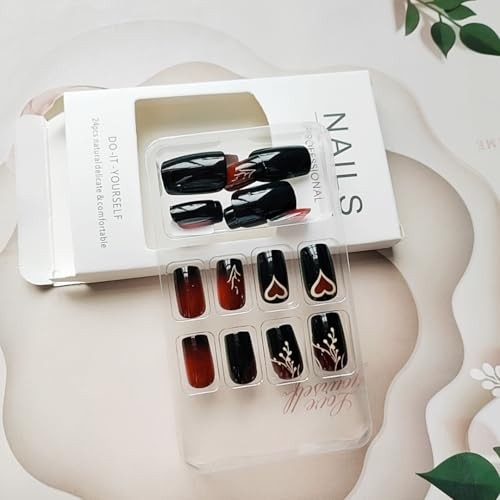 Short Square Press on Nails Wine Red Gradient Fake Nails Black False Nail Q9